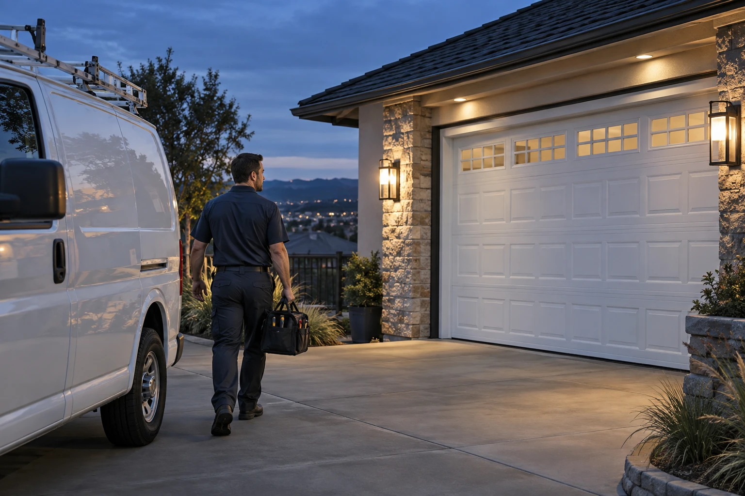 Garage door repair technician and service van