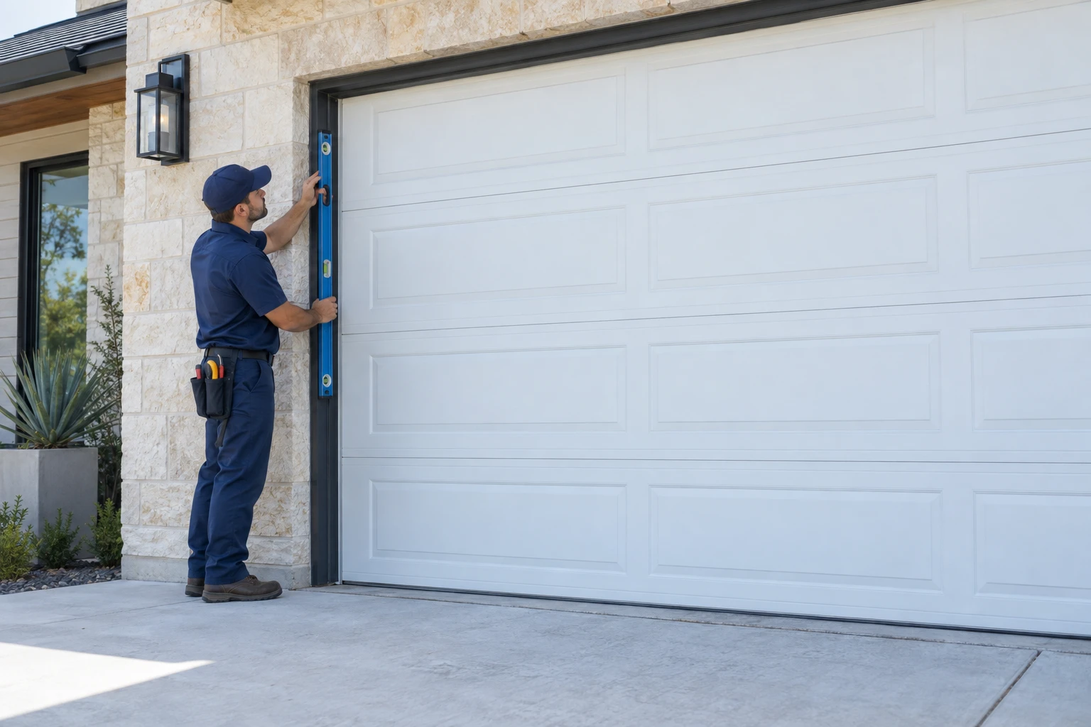 Garage door repair technician and service van