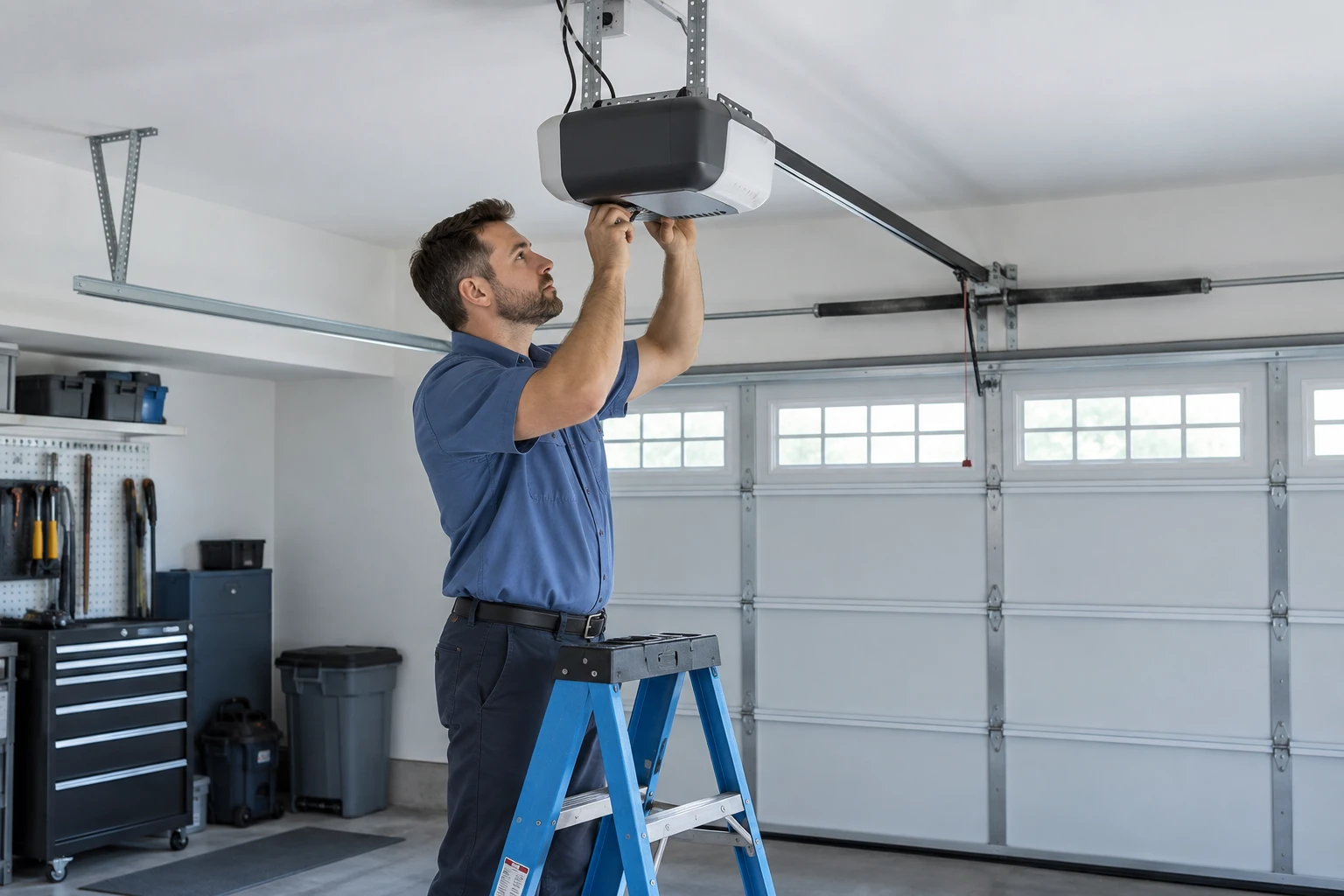Garage door repair technician and service van