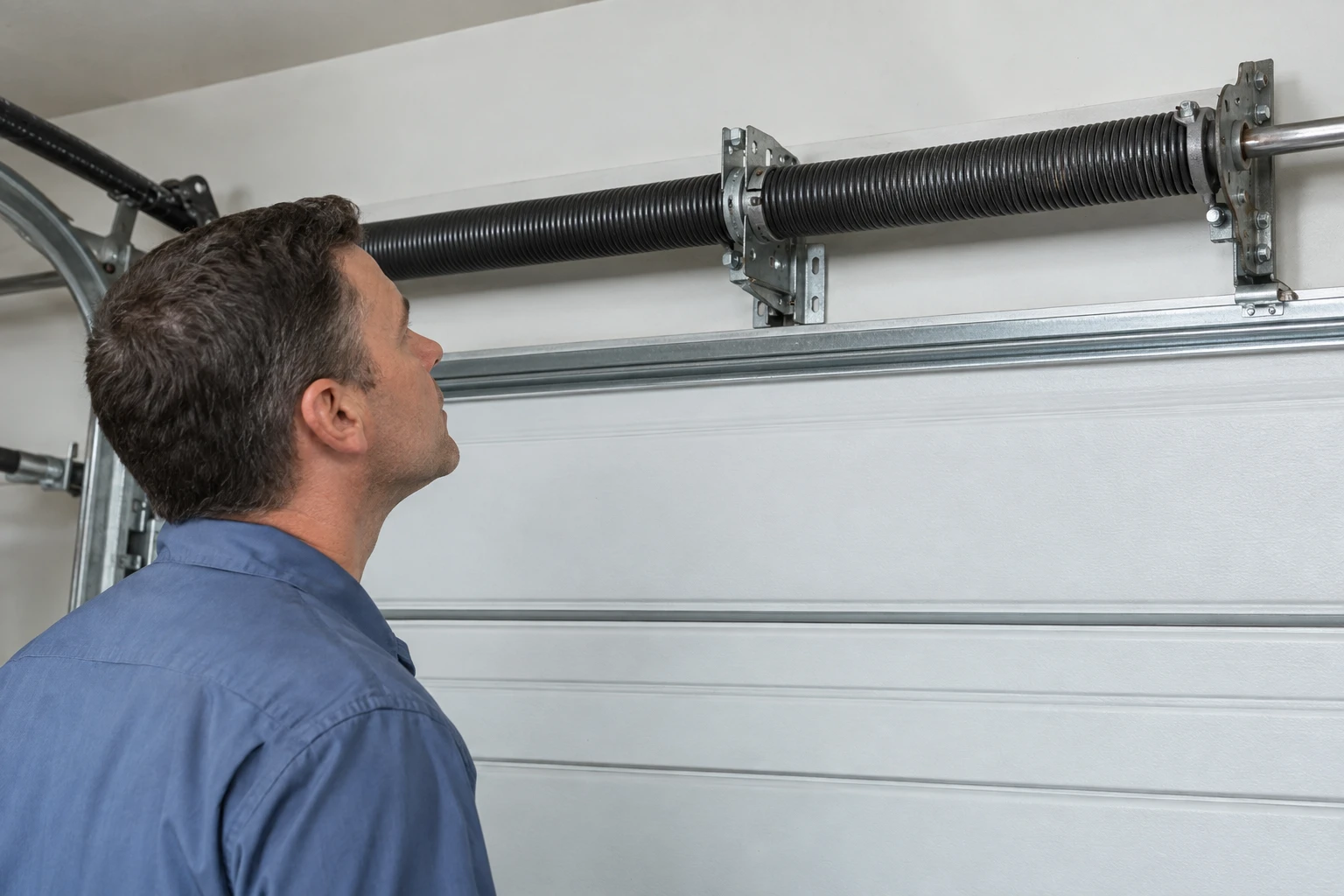 Garage door repair technician and service van
